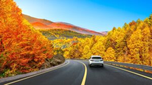 luxury suv driving on a highway in the fall